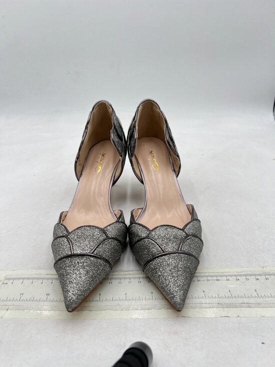 XYD Dark Gray Glitter Elegant Pointed Toe D\'Orsay Kitten Heel Slip-On Pump